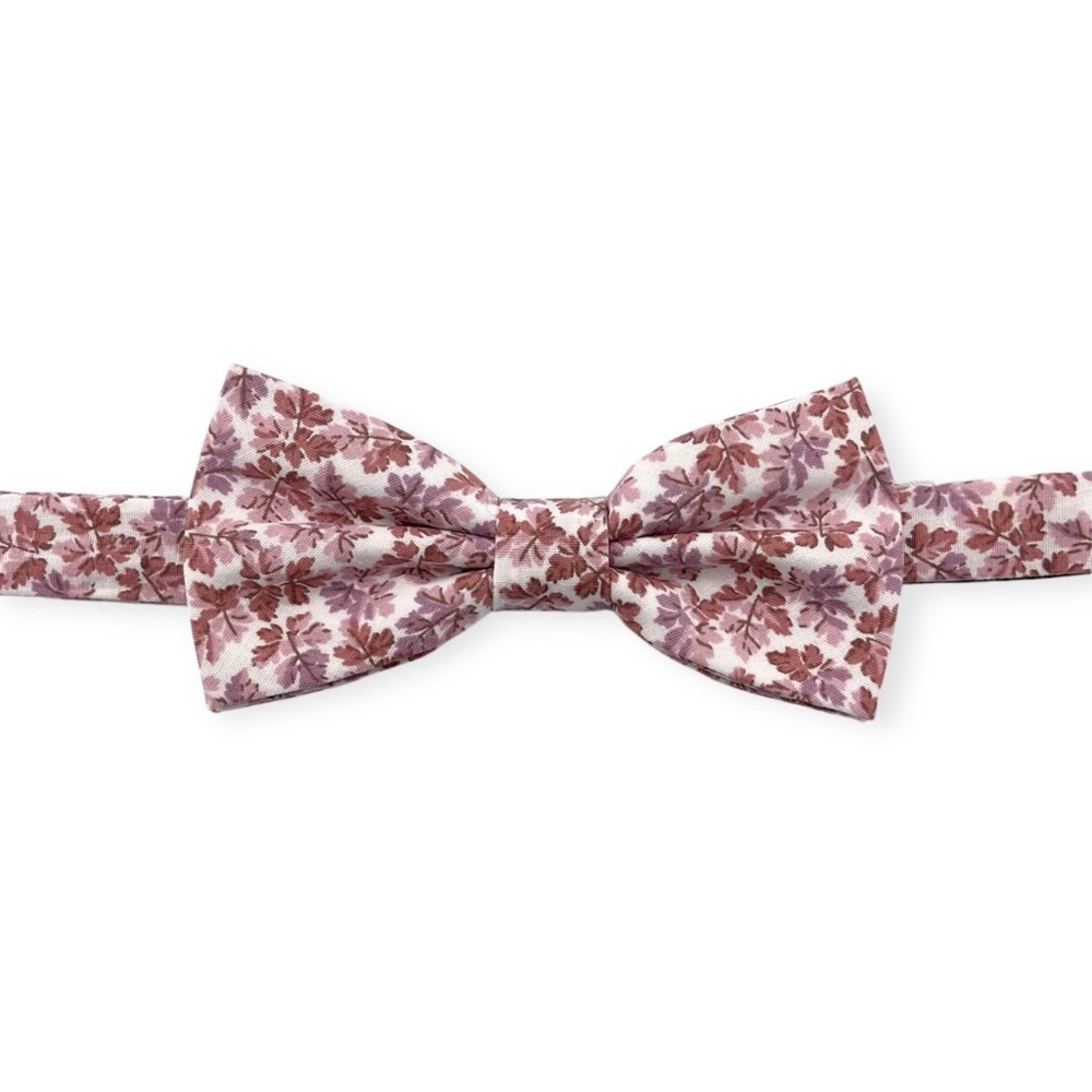 White w/ Mauve & Dusty Pink Foliage Pattern Pre-Tied Boys Bow Tie